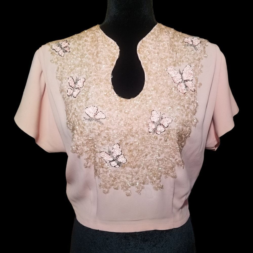 1950s Pink Hand Beaded Crepe Crop Top Size 8